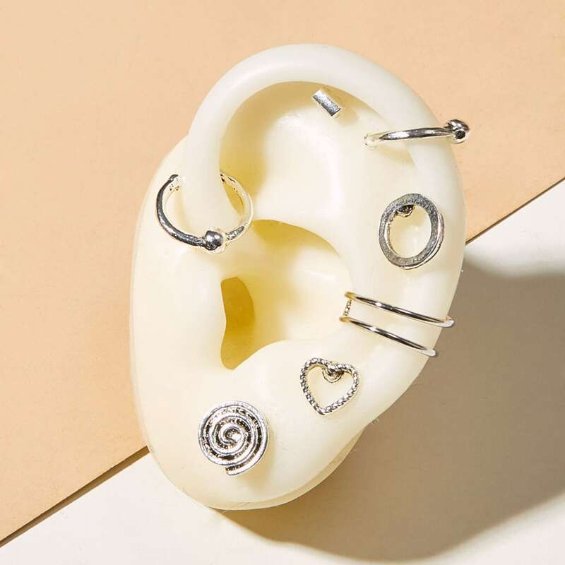 

7pcs Spiral & Heart Decor Earrings, Silver
