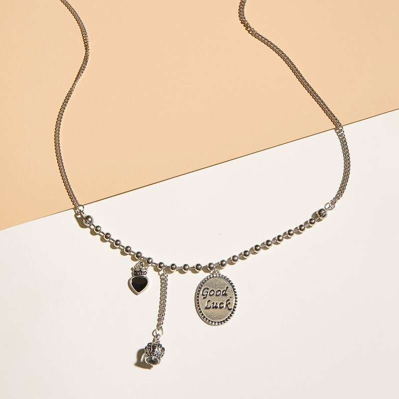 

1pc Heart & Slogan Engraved Charm Necklace, Silver