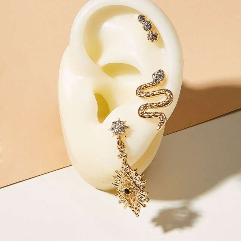 

3pcs Eye & Serpentine Decor Earrings, Gold