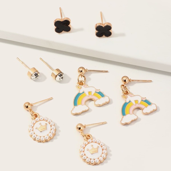 

4pairs Toddler Girls Rhinestone Engraved & Rainbow Design Earrings Set, Multicolor