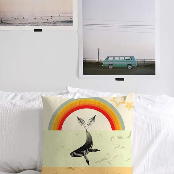 

1pc Rainbow & Whale Print Cushion Cover Without Filler, Multicolor