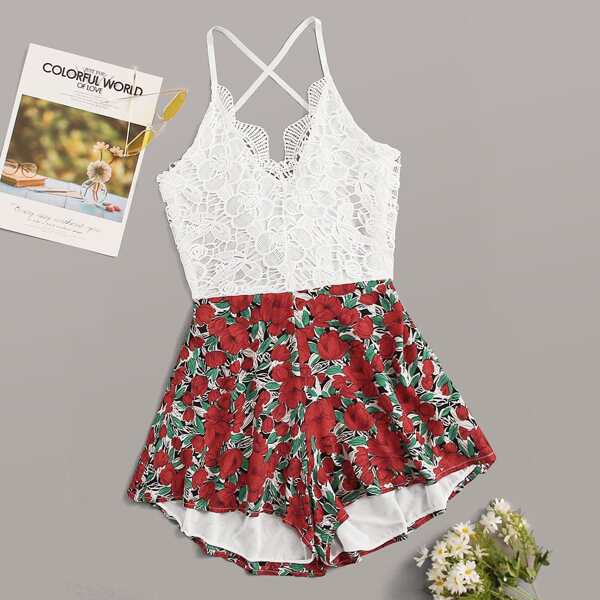 

Crochet Lace Panel Tie Back Floral Romper, Multicolor