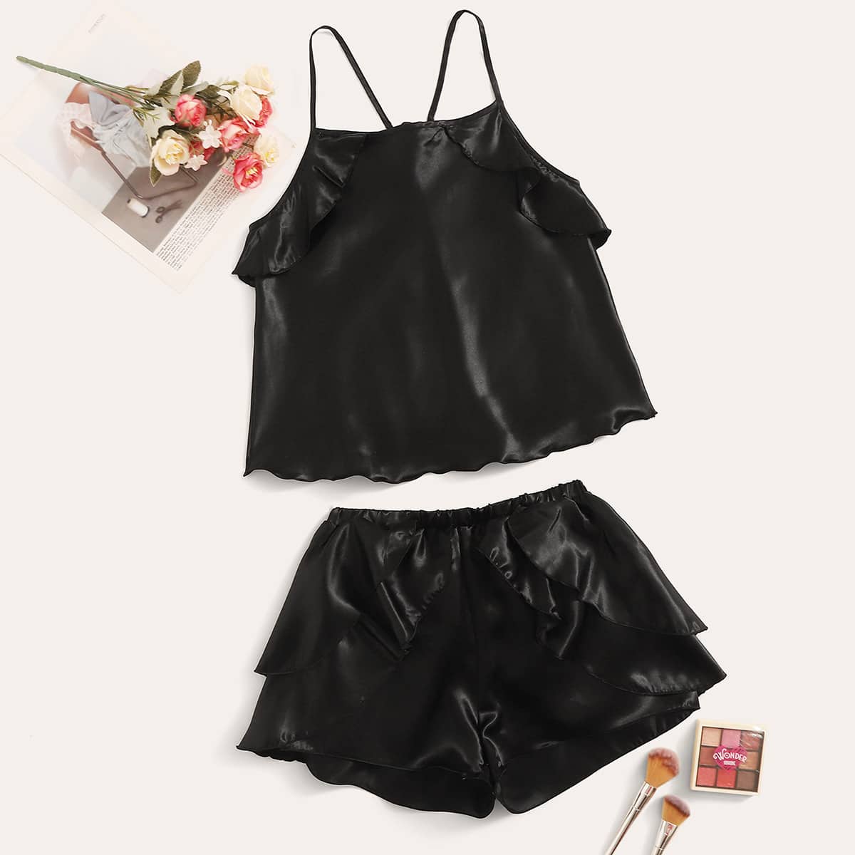 

Ruffle Trim Satin Cami Top & Shorts PJ Set, Black