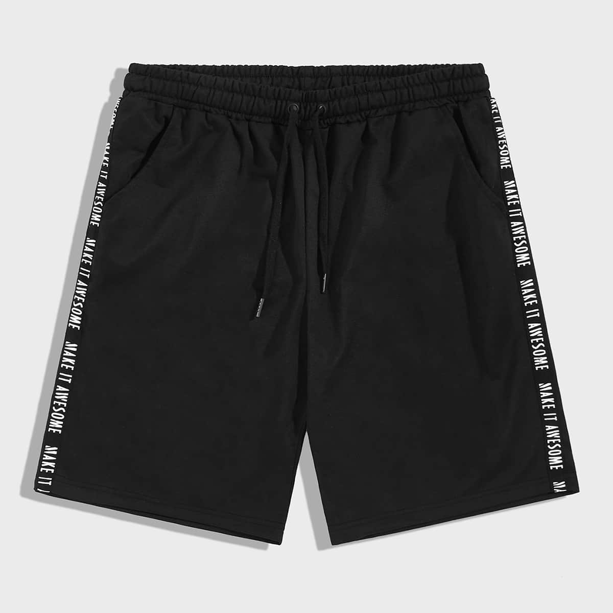 

Guys Letter Tape Drawstring Waist Shorts, Black