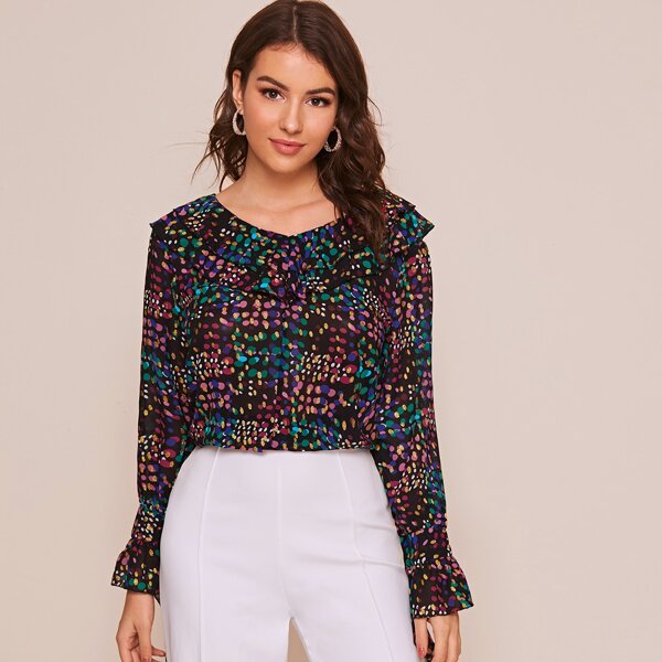 

Colorful Confetti Ruffle Trim Chiffon Blouse, Multicolor
