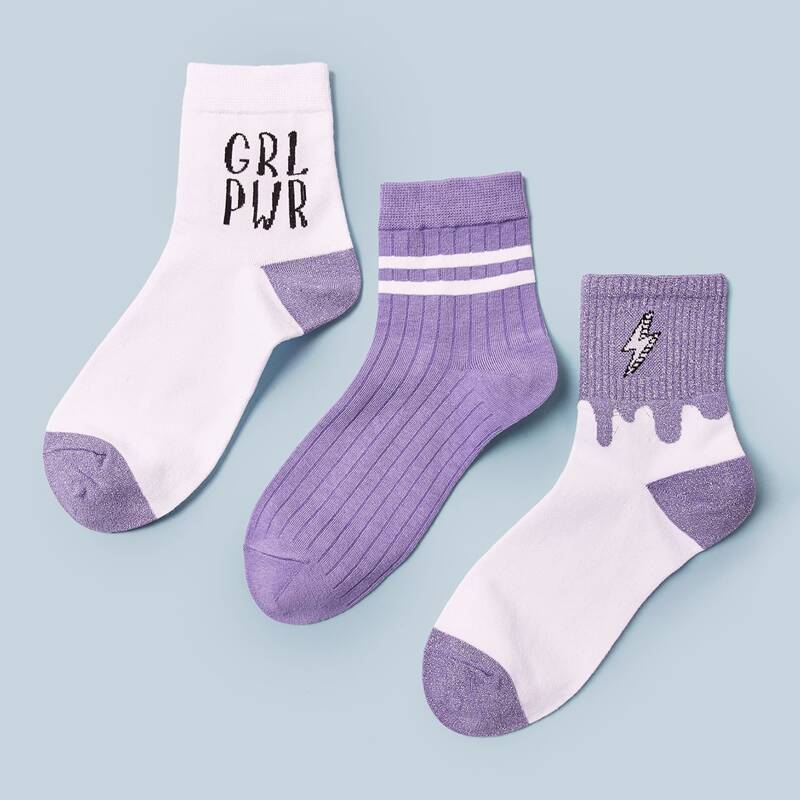 

3pairs Color Block Letter Graphic Socks, Purple
