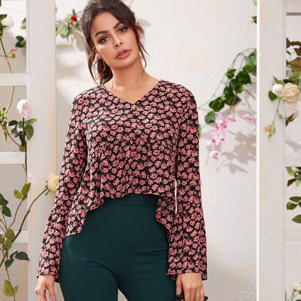 

V-neck Floral Print Dip Hem Blouse, Multicolor
