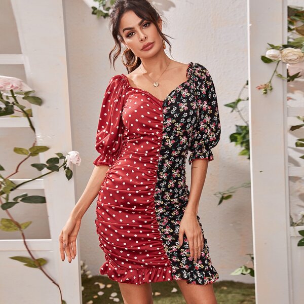 

Polka Dot And Ditsy Floral Spliced Ruched Dress, Multicolor