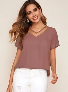 SHEIN LUNE Mesh Insert Solid Top - Dusty Pink - View 1