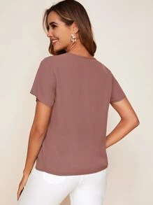 SHEIN LUNE Mesh Insert Solid Top - Dusty Pink - View 2