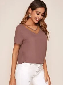 SHEIN LUNE Mesh Insert Solid Top - Dusty Pink - View 4