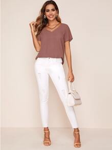SHEIN LUNE Mesh Insert Solid Top - Dusty Pink - View 5