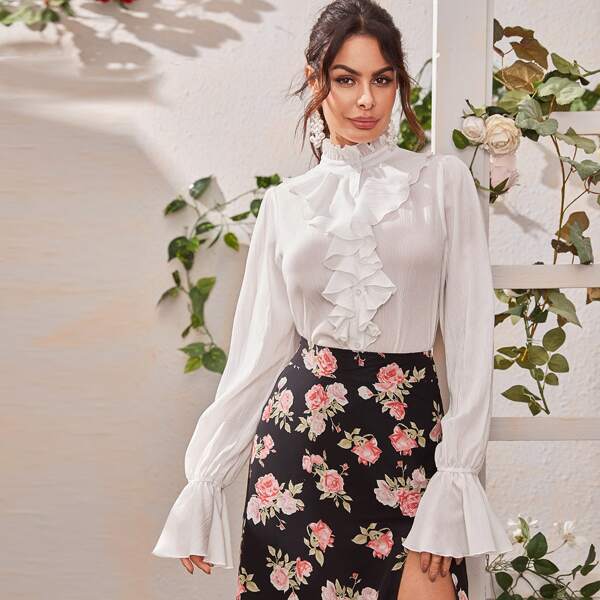 

Ruffle Trim Frill Neck Flounce Sleeve Blouse, White
