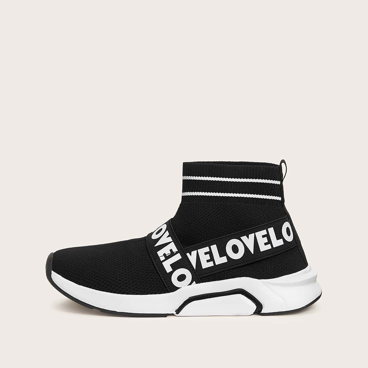 

Letter Graphic Striped Slip On Sneakers, Black
