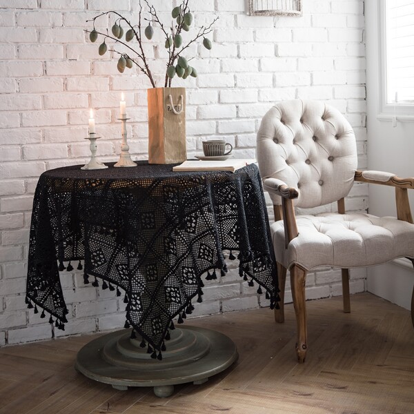 

Tassel Trim Crochet Lace Tablecloth, Black
