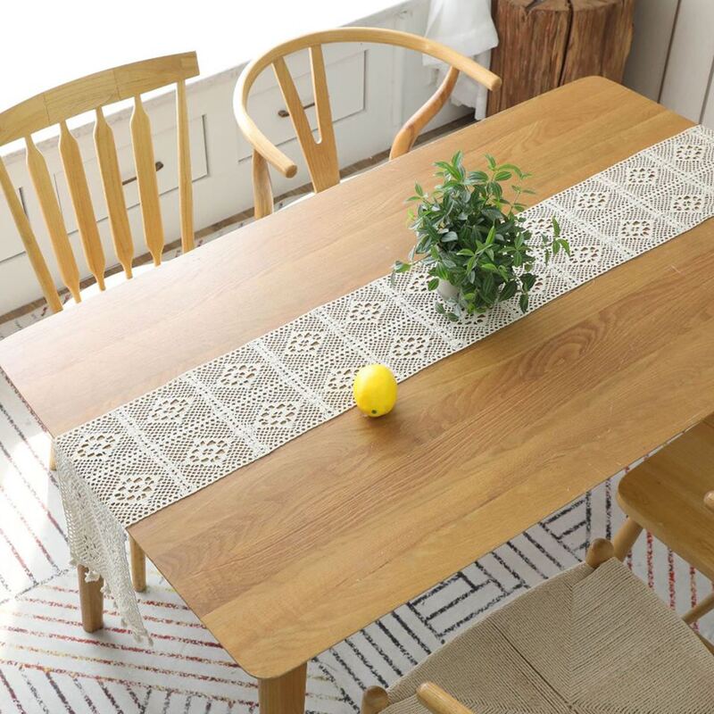 

Tassel Trim Crochet Lace Table Runner, White