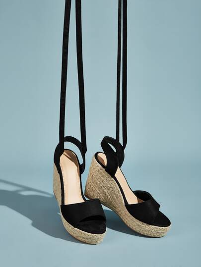 Tie Leg Open Toe Espadrille Wedges