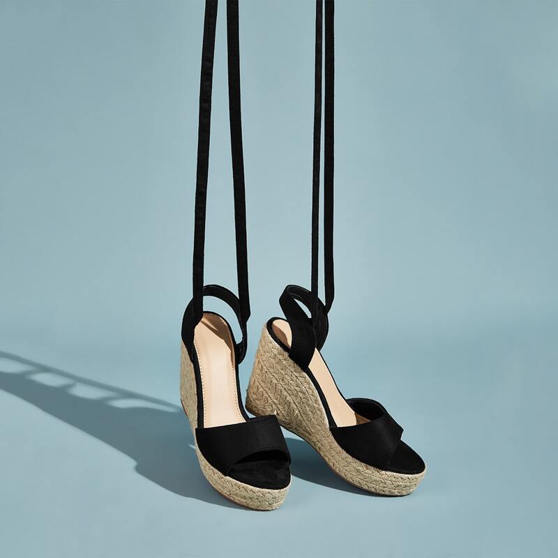 

Tie Leg Open Toe Espadrille Wedges, Black