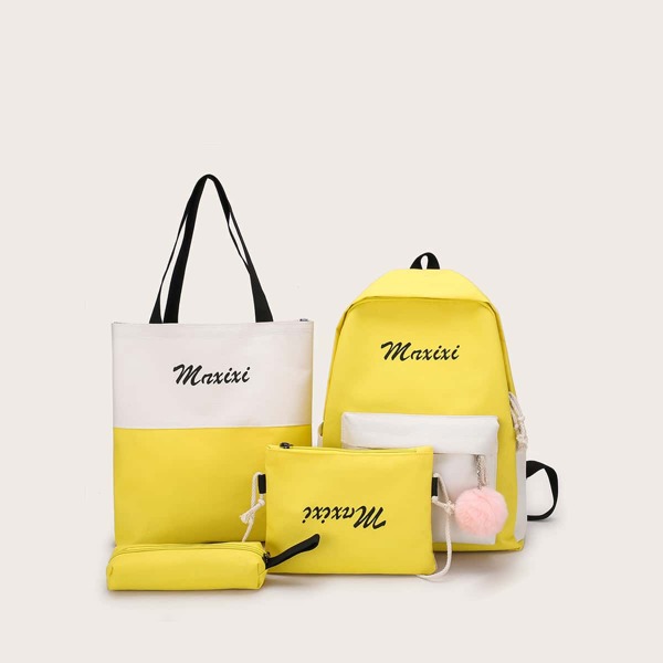 

4pcs Girls Color Block Backpack With Pencil Case, Yellow