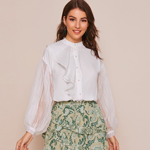

Contrast Sleeve Pearls Button Through Blouse, White