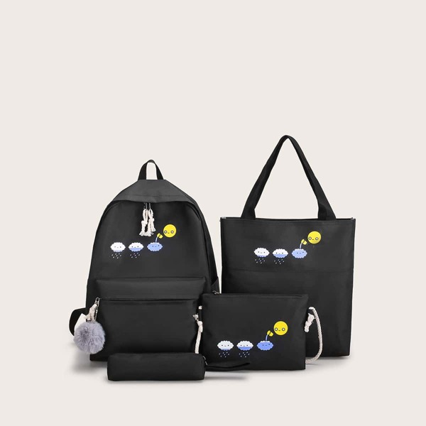

4pcs Kids Cartoon Graphic Backpack With Pencil Case, Black