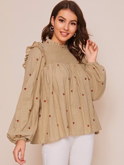 Floral Embroidered Shirred Yoke Babydoll Blouse