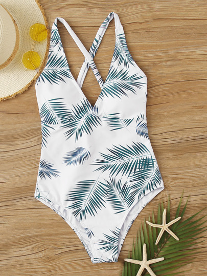 Palm Random Print Tie Back One Piece Swimwear