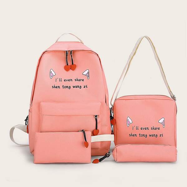 

4pcs Girls Slogan Graphic Backpack With Pencil Case, Pink