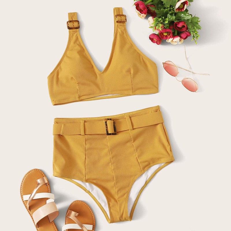 

Rib Top With Belted High Waist Bikini Set, Yellow