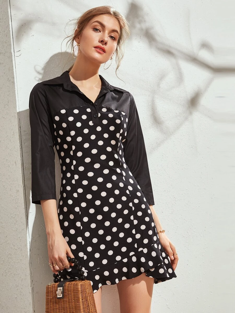 Polka Dot Asymmetrical Ruffle Hem Dress - Black - View 1