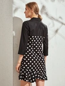 Polka Dot Asymmetrical Ruffle Hem Dress - Black - View 2
