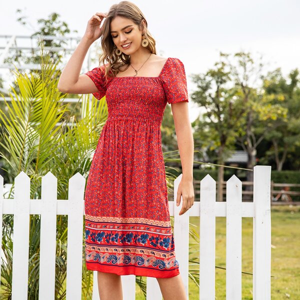

Square Neck Ditsy Floral And Tribal Print Shirred Dress, Red