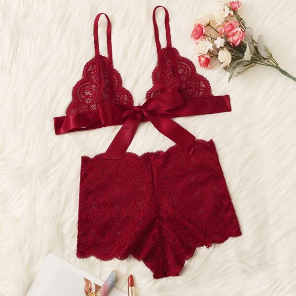 

Floral Lace Triangle Top With Shortie Lingerie Set, Burgundy