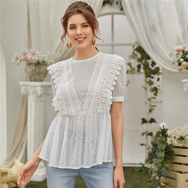 

Hollow Out Crochet Sheer Chiffon Blouse, White