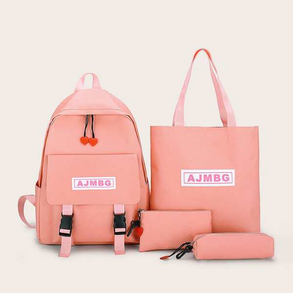 

4pcs Girls Double Release Buckle Backpack With Pencil Case, Pink