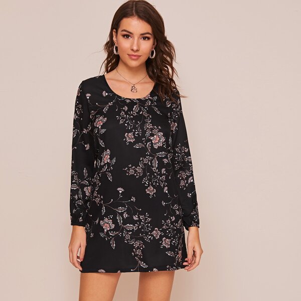 

Floral Print Tie Back Tunic Dress, Black