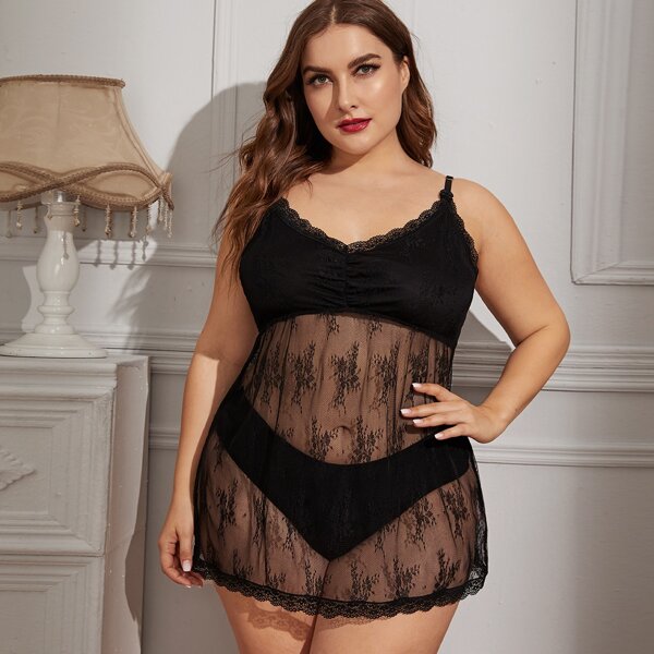 

Трусики и сетчатое платье на бретелях размера плюс, Чёрный