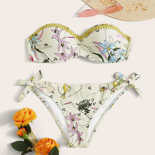 

Floral Print Bandeau Top With Tie Side Bikini, Multicolor