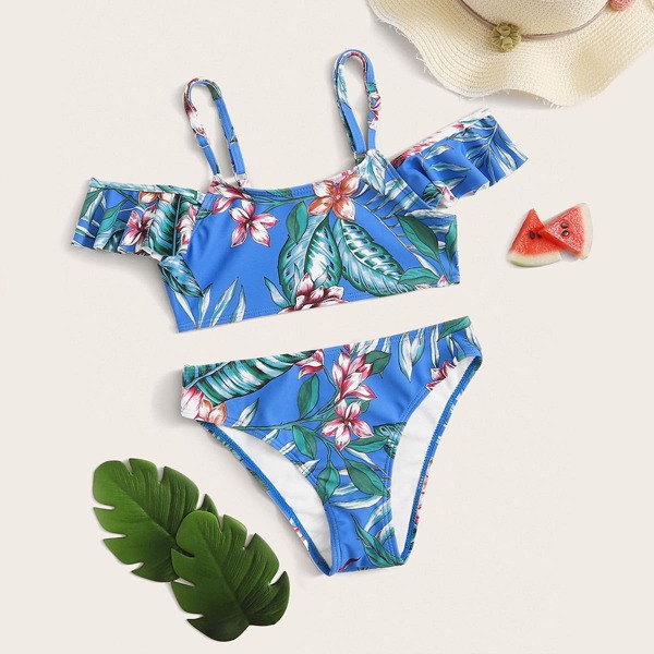 

Girls Tropical Ruffle Trim Bikini Set, Blue