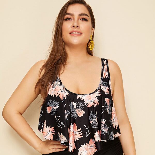 

Plus Floral Print Hanky Hem Bikini Top, Multicolor