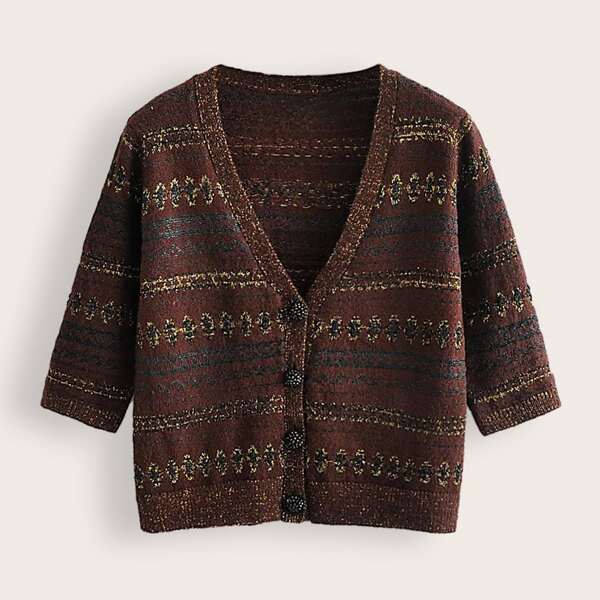 

V-Neck Button Front Half Sleeve Cardigan, Brown