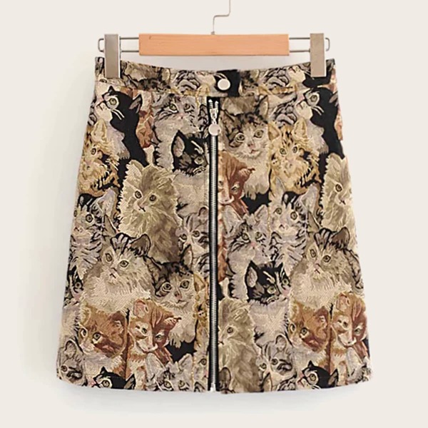 

Cats Print Zip Up Skirt, Multicolor