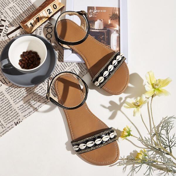 

Seashell Decor Ankle Strap Flat Sandals, Black