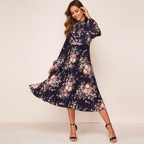 

Tie Neck Lantern Sleeve Pleated Floral Dress, Multicolor