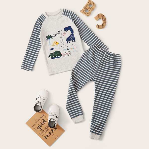 

Футболка с мультяшным принтом и полосатые спортивные брюки для мальчиков, Многоцветный