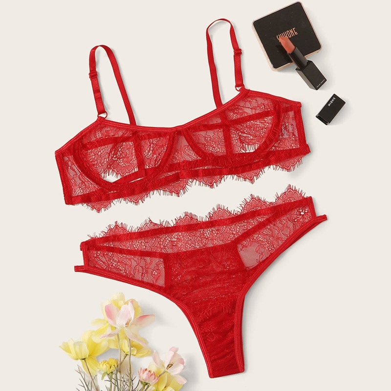 

Floral Lace Underwire Lingerie Set, Red