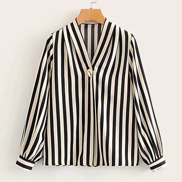 

Vertical Striped Single Button Blouse, Multicolor