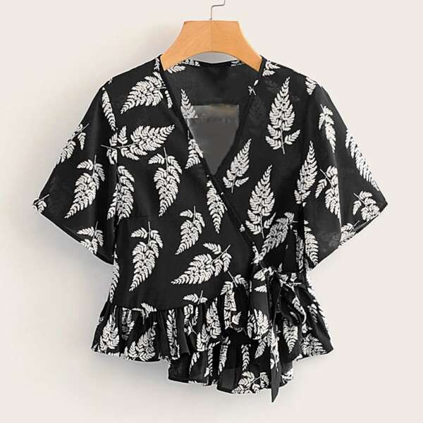 

All Over Plants Print Tie Front Chiffon Blouse, Black and white