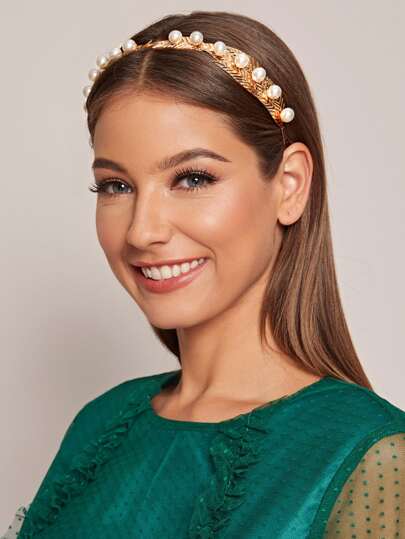 faux pearl leaf decor hair hoop