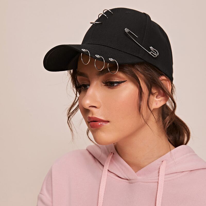 

Safety Pin Hoop Decor Baseball Cap, Black